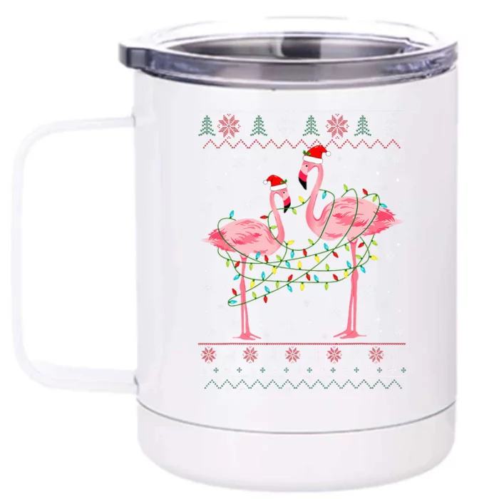 Funny Flamingo Lights Tangled Ugly Sweater Xmas Front & Back 12oz Stainless Steel Tumbler Cup