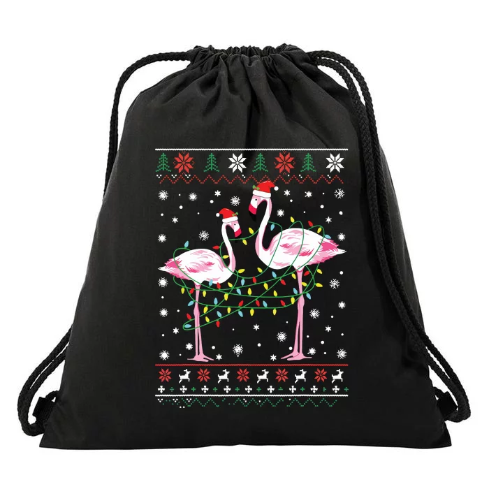 Funny Flamingo Lights Tangled Ugly Sweater Christmas Animals Drawstring Bag