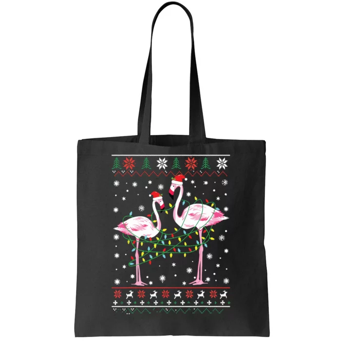 Funny Flamingo Lights Tangled Ugly Sweater Christmas Animals Tote Bag