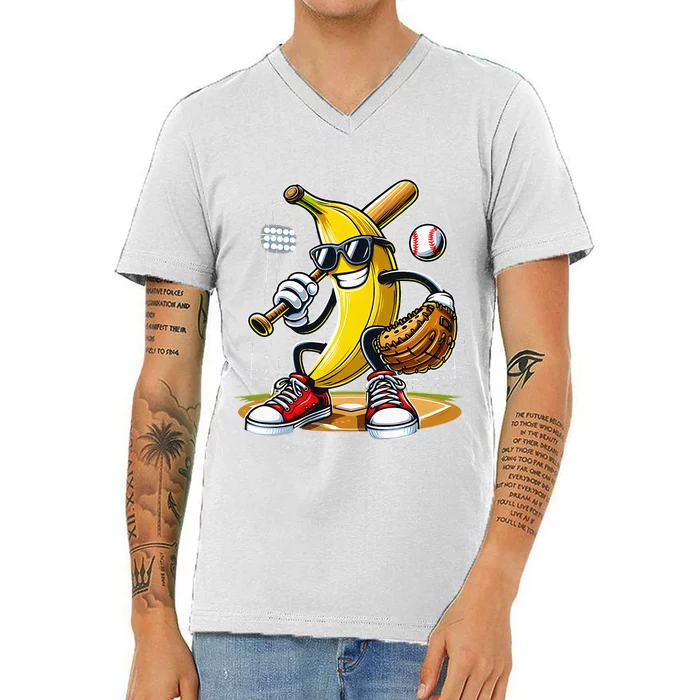 Funny Fruit Lover Banana Playing Baseball V-Neck T-Shirt