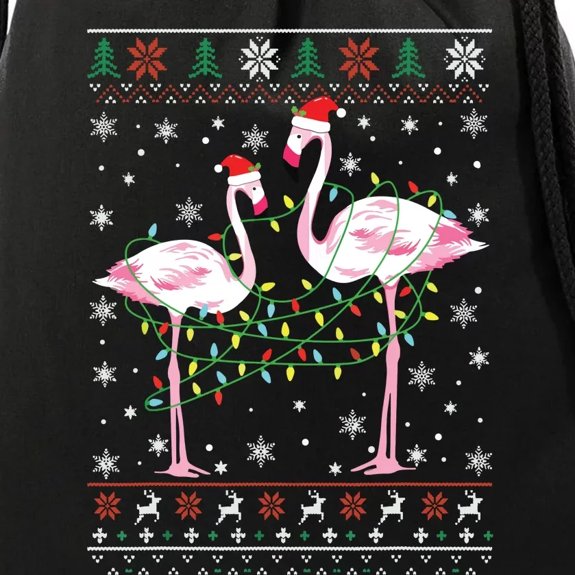 Funny Flamingo Lights Tangled Ugly Sweater Christmas Animals Drawstring Bag