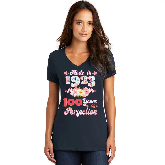 Flower Floral Made In 1923 100 Years Of Perfection Women's V-Neck T-Shirt