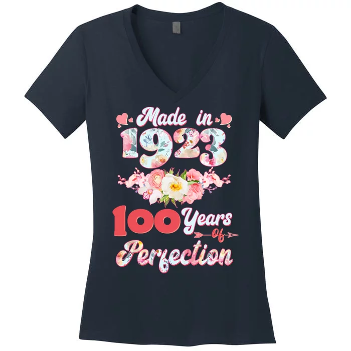 Flower Floral Made In 1923 100 Years Of Perfection Women's V-Neck T-Shirt