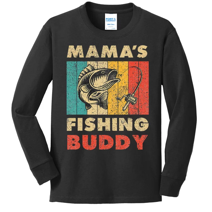 Funny Fishing Mama's Fishing Buddy Vintage Fishing Kids Long Sleeve Shirt