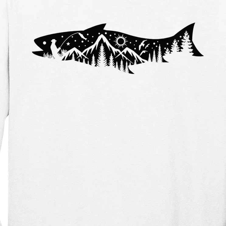 Fishing Forest Mountain Silhouette Outdoor Adventure Fishing Long Sleeve  Shirt