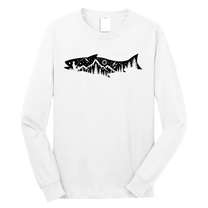 Fishing Forest Mountain Silhouette Outdoor Adventure Fishing Long Sleeve Shirt
