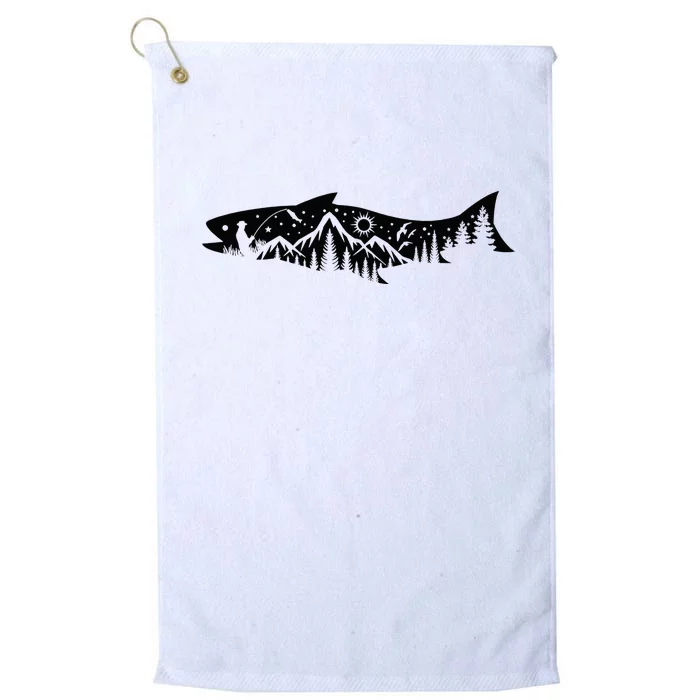 Fishing Forest Mountain Silhouette Outdoor Adventure Fishing Platinum Collection Golf Towel