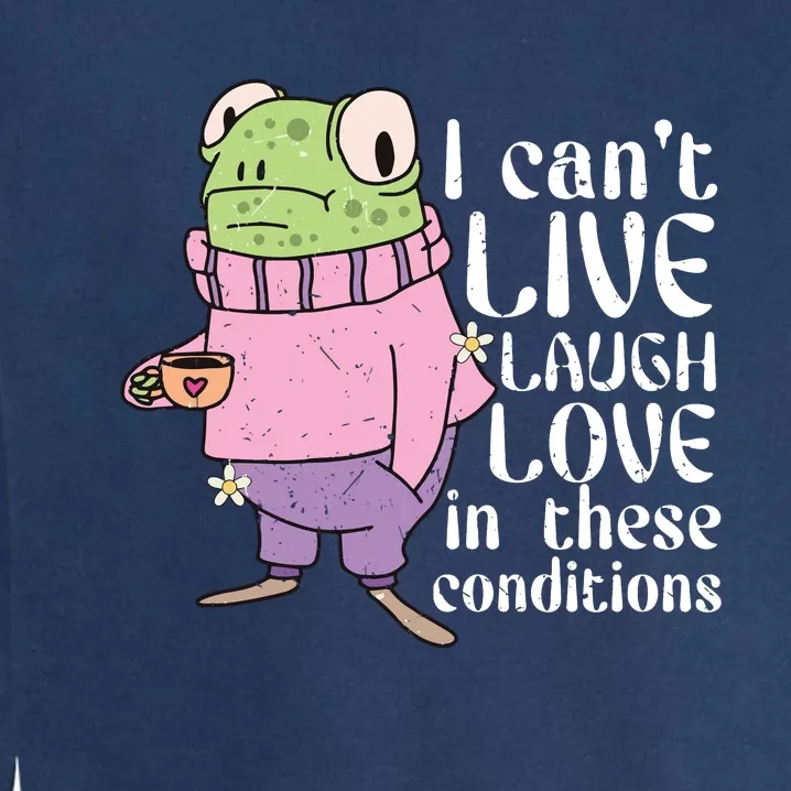 Funny Frog Meme I Cant Live Laugh Love In These Conditions Garment-Dyed Sweatshirt