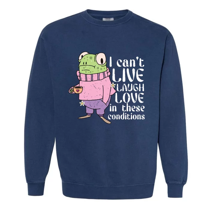 Funny Frog Meme I Cant Live Laugh Love In These Conditions Garment-Dyed Sweatshirt