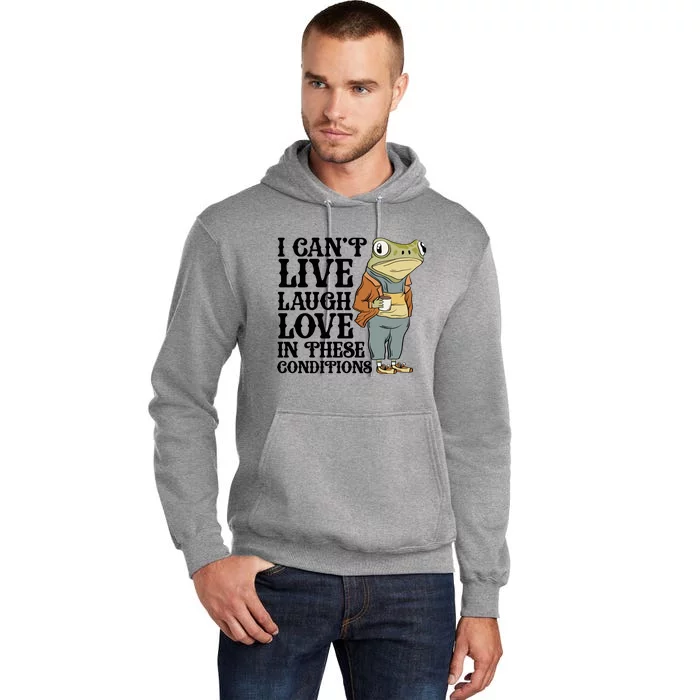 Funny Frog Meme I Cant Live Laugh Love In These Conditions Tall Hoodie