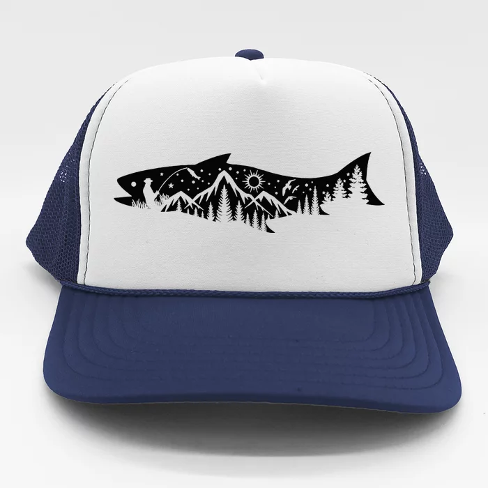 Fishing Forest Mountain Silhouette Outdoor Adventure Fishing Trucker Hat