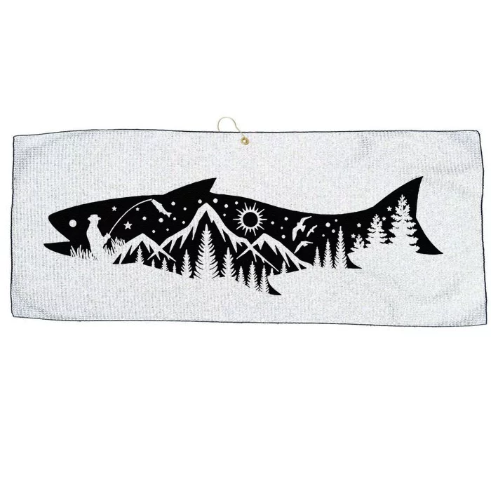 Fishing Forest Mountain Silhouette Outdoor Adventure Fishing Large Microfiber Waffle Golf Towel