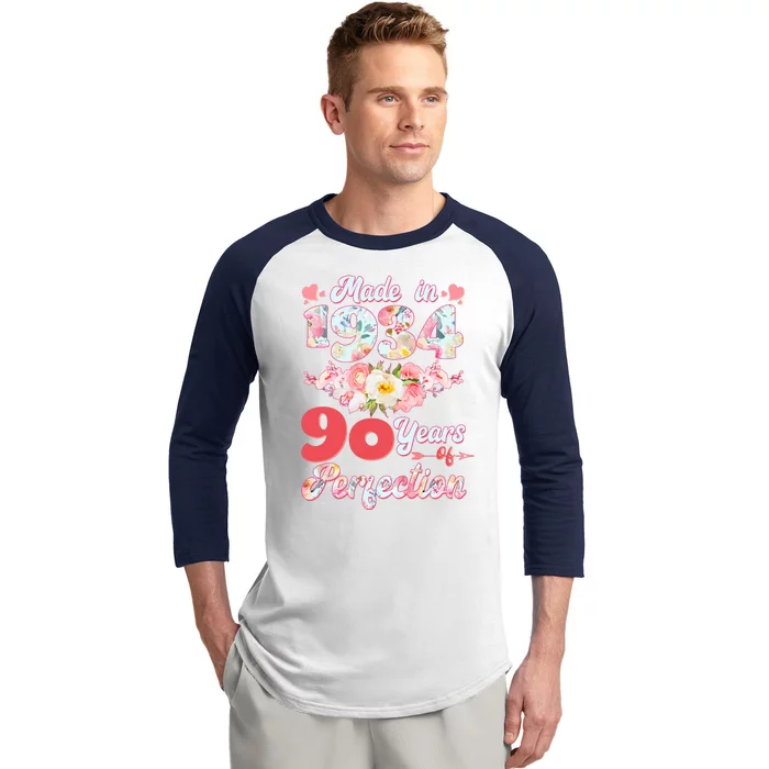 Flower Floral Made In 1934 90 Years Of Perfection Baseball Sleeve Shirt