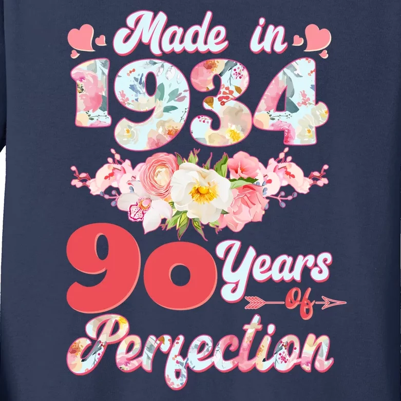 Flower Floral Made In 1934 90 Years Of Perfection Kids Long Sleeve Shirt