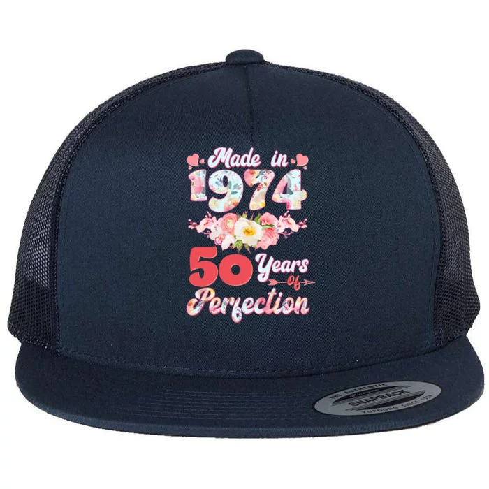 Flower Floral Made In 1974 50 Years Of Perfection Flat Bill Trucker Hat