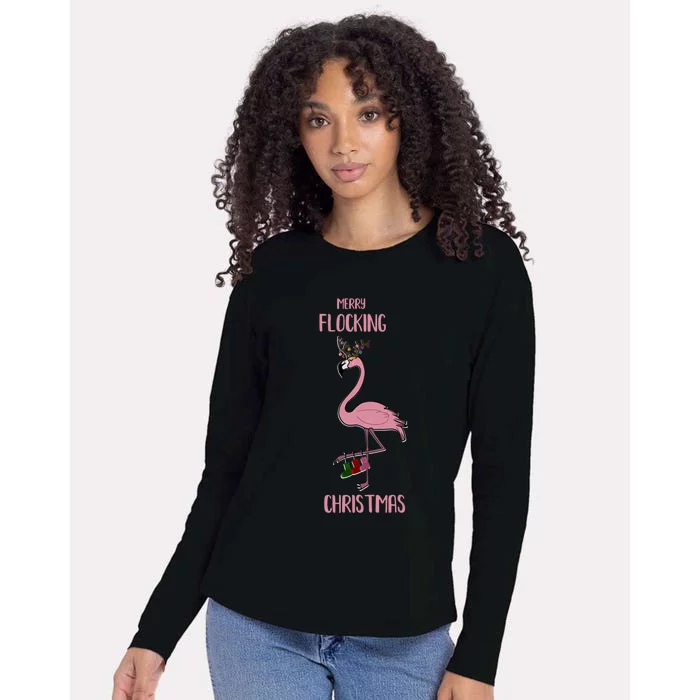 Funny Flamingo Merry Flocking Christmas Tropical Xmas Gift Womens Cotton Relaxed Long Sleeve T-Shirt