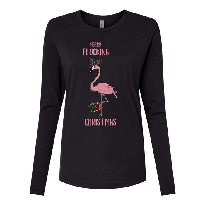 Funny Flamingo Merry Flocking Christmas Tropical Xmas Gift Womens Cotton Relaxed Long Sleeve T-Shirt