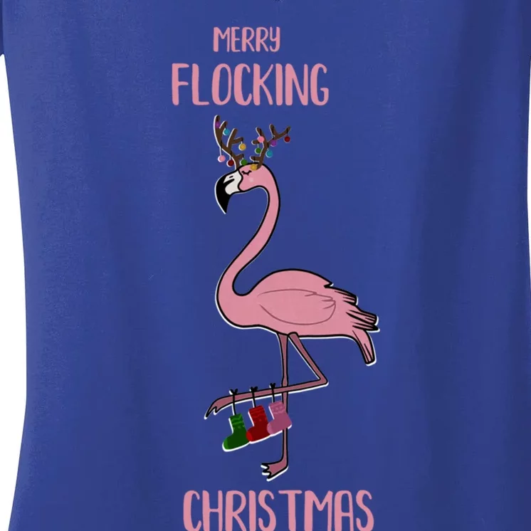 Funny Flamingo Merry Flocking Christmas Tropical Xmas Gift Women's V-Neck T-Shirt