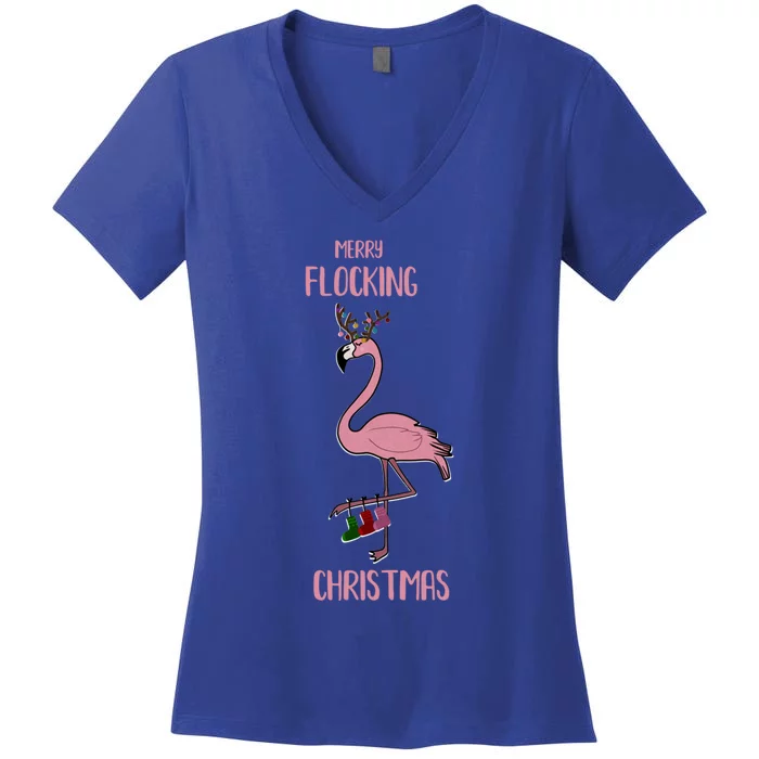 Funny Flamingo Merry Flocking Christmas Tropical Xmas Gift Women's V-Neck T-Shirt