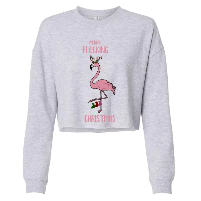 Funny Flamingo Merry Flocking Christmas Tropical Xmas Gift Cropped Pullover Crew