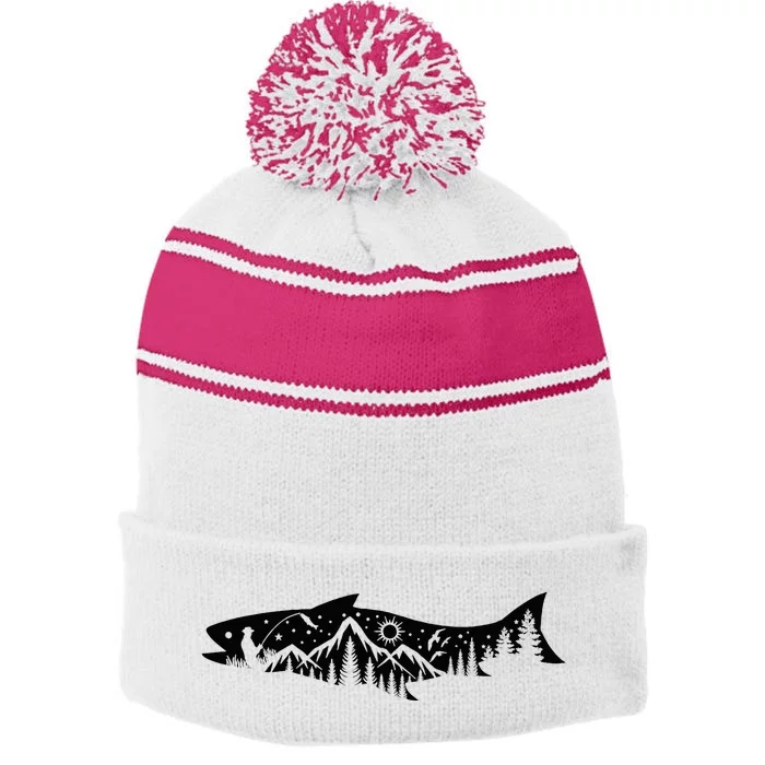 Fishing Forest Mountain Silhouette Outdoor Adventure Fishing Stripe Pom Pom Beanie