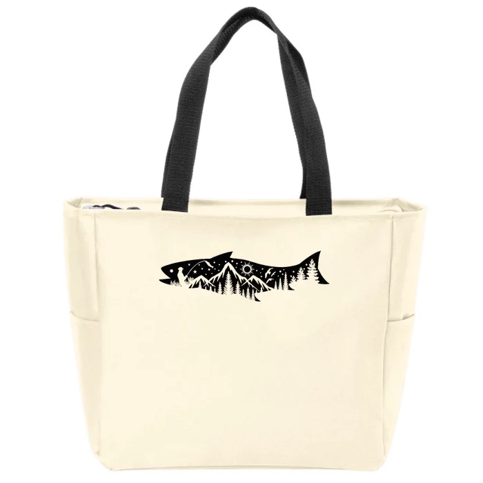 Fishing Forest Mountain Silhouette Outdoor Adventure Fishing Zip Tote Bag