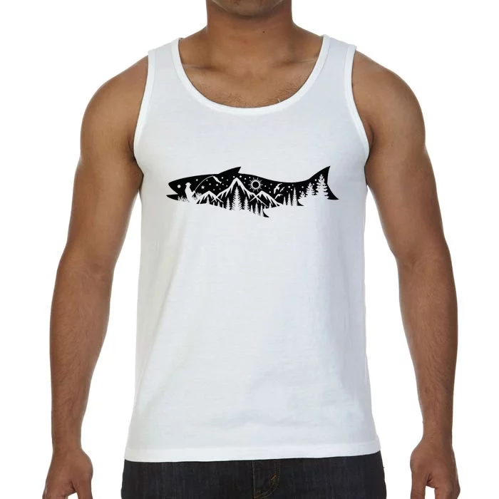 Fishing Forest Mountain Silhouette Outdoor Adventure Fishing Comfort Colors® Tank Top