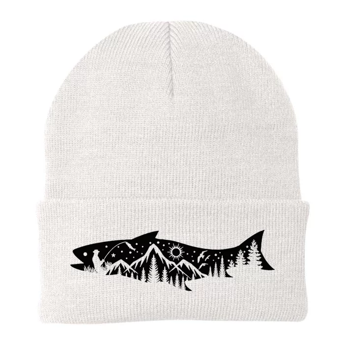 Fishing Forest Mountain Silhouette Outdoor Adventure Fishing Knit Cap Winter Beanie