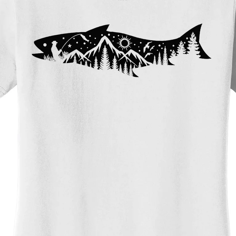 Fishing Forest Mountain Silhouette Outdoor Adventure Fishing Women's T-Shirt