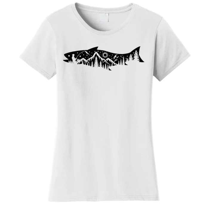 Fishing Forest Mountain Silhouette Outdoor Adventure Fishing Women's T-Shirt