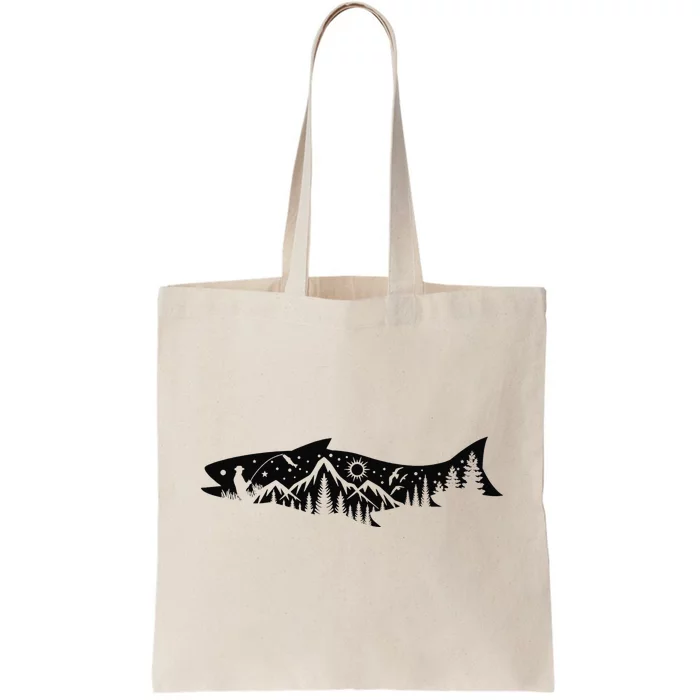 Fishing Forest Mountain Silhouette Outdoor Adventure Fishing Tote Bag