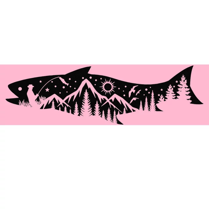 Fishing Forest Mountain Silhouette Outdoor Adventure Fishing Bumper Sticker