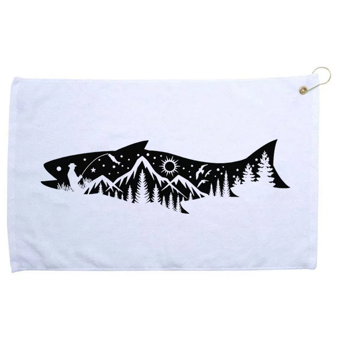 Fishing Forest Mountain Silhouette Outdoor Adventure Fishing Grommeted Golf Towel