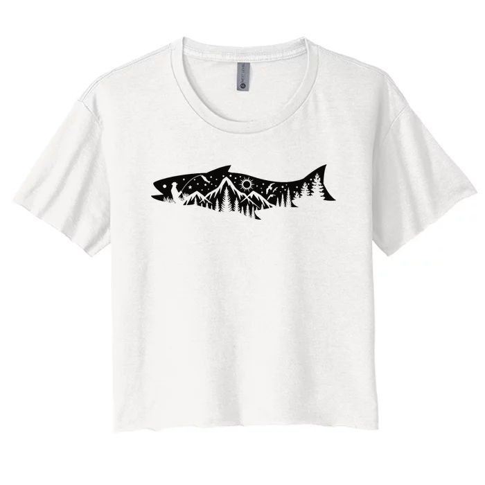 Fishing Forest Mountain Silhouette Outdoor Adventure Fishing Women's Crop Top Tee