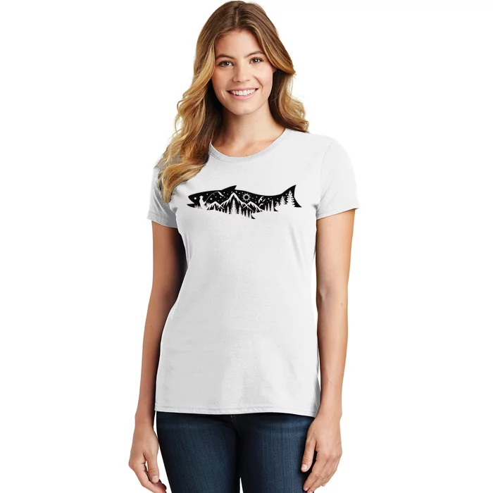 Fishing Forest Mountain Silhouette Outdoor Adventure Fishing Women's T-Shirt