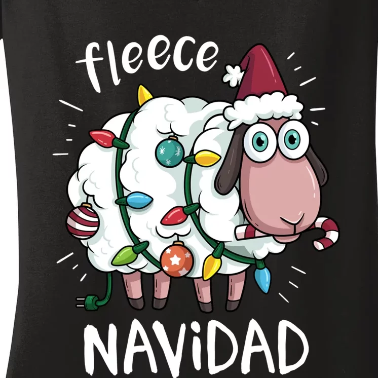 Fleece Feliz Navidad Funny Cute Sheep Christmas Sweatshirt Women's V-Neck T-Shirt