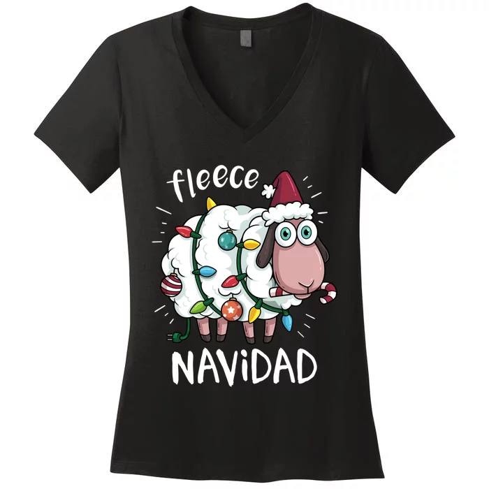 Fleece Feliz Navidad Funny Cute Sheep Christmas Sweatshirt Women's V-Neck T-Shirt