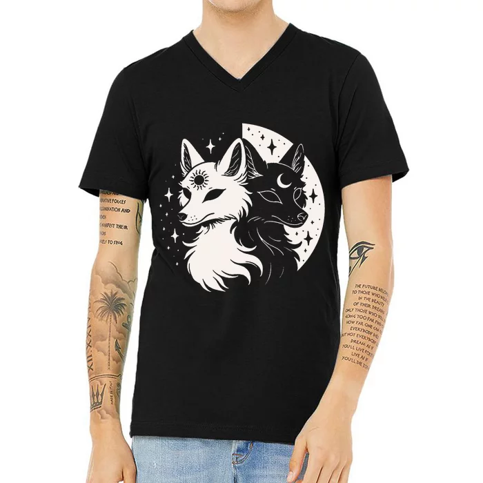 Fox Foxes Night Moon Day Sun Stars Spirit Celestial Moon V-Neck T-Shirt