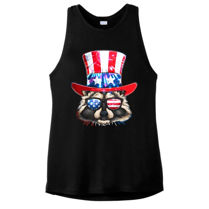 Funny Fourth Of July Fireworks Raccoon Ladies Tri-Blend Wicking Tank