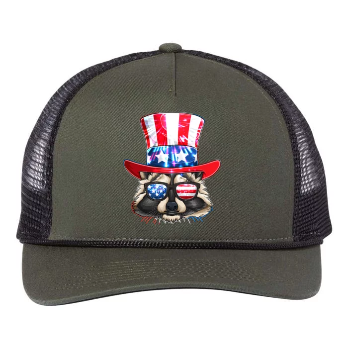 Funny Fourth Of July Fireworks Raccoon Retro Rope Trucker Hat Cap