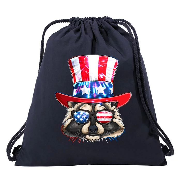 Funny Fourth Of July Fireworks Raccoon Drawstring Bag