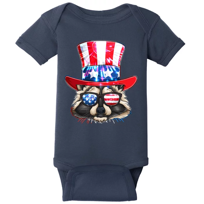 Funny Fourth Of July Fireworks Raccoon Baby Bodysuit