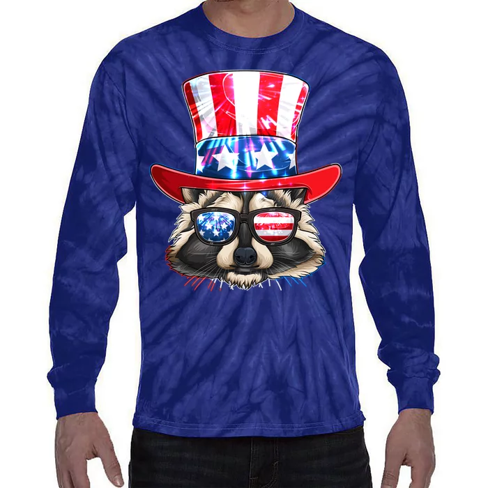 Funny Fourth Of July Fireworks Raccoon Tie-Dye Long Sleeve Shirt