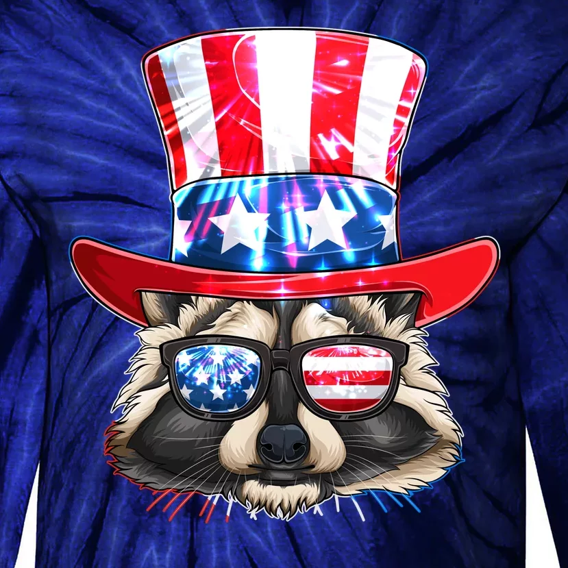 Funny Fourth Of July Fireworks Raccoon Tie-Dye Long Sleeve Shirt