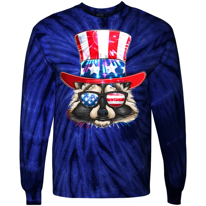 Funny Fourth Of July Fireworks Raccoon Tie-Dye Long Sleeve Shirt