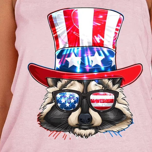 Funny Fourth Of July Fireworks Raccoon Women's Knotted Racerback Tank