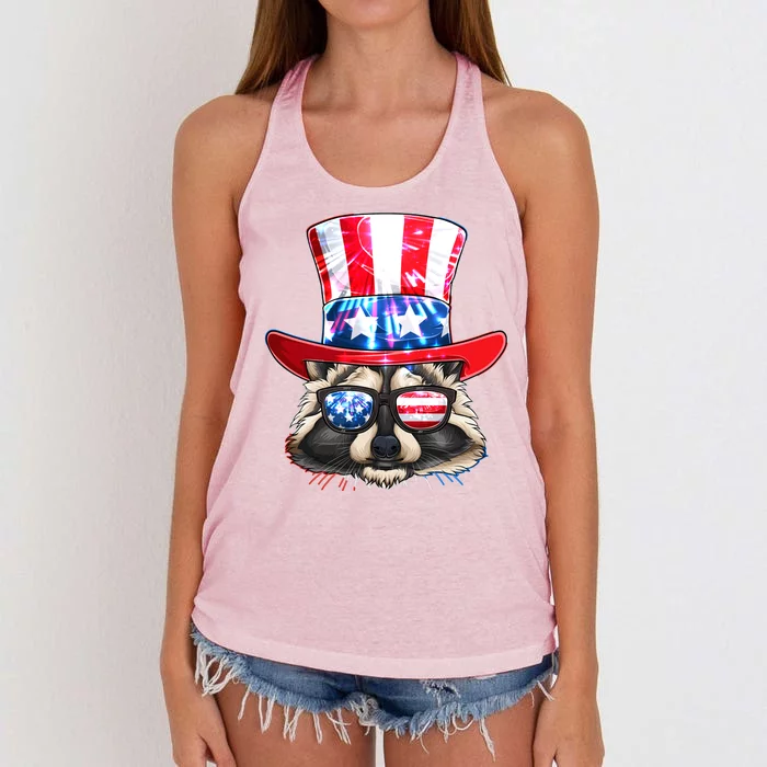 Funny Fourth Of July Fireworks Raccoon Women's Knotted Racerback Tank