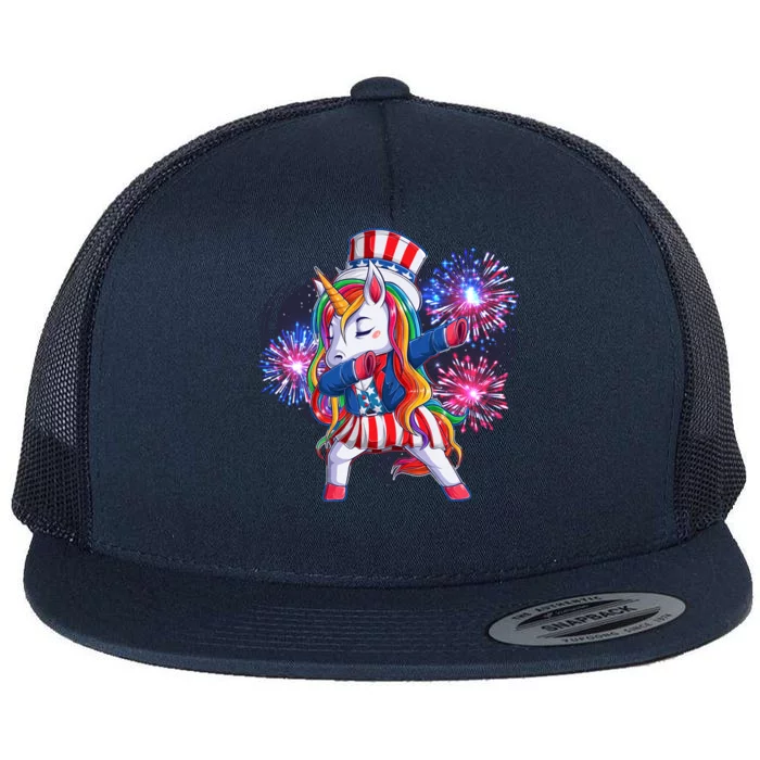 Funny Fourth Of July Fireworks Dabbing Unicorn Flat Bill Trucker Hat