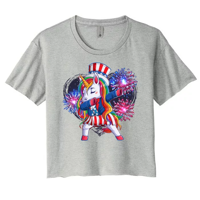 Funny Fourth Of July Fireworks Dabbing Unicorn Women's Crop Top Tee