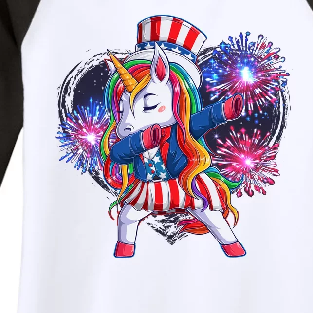 Funny Fourth Of July Fireworks Dabbing Unicorn Women's Tri-Blend 3/4-Sleeve Raglan Shirt